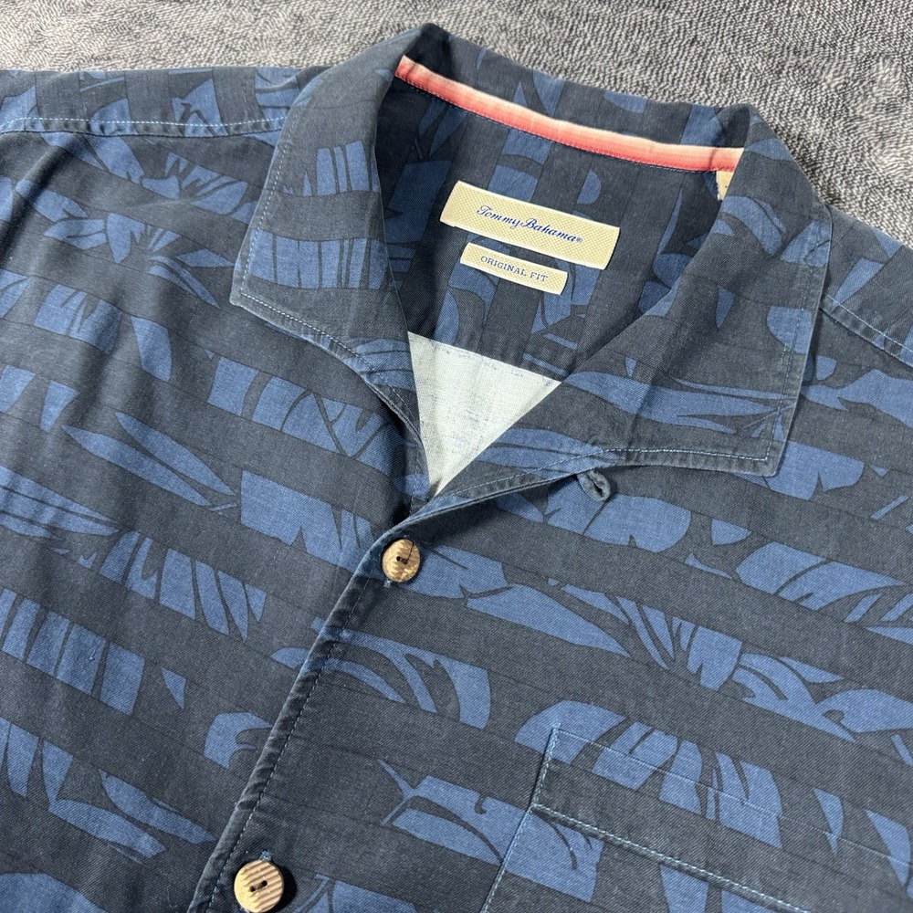 Tommy Bahama Men's XL X-Large Hawaiian Palms Floral Silk Camp Shirt Dark Blue